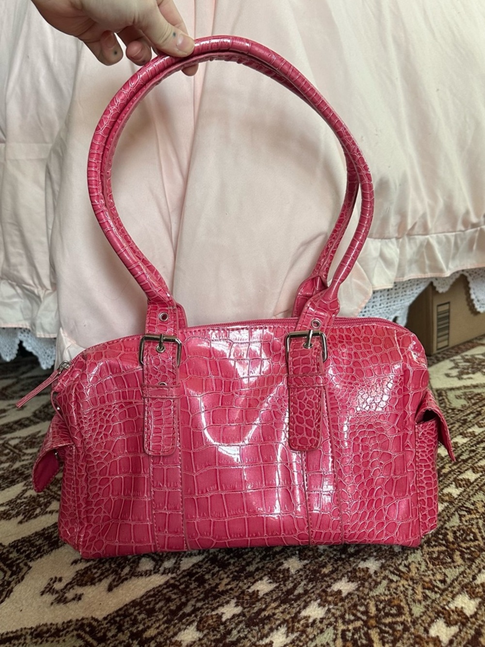 Bueno Pink Croc-Embossed Patent Shoulder Bag